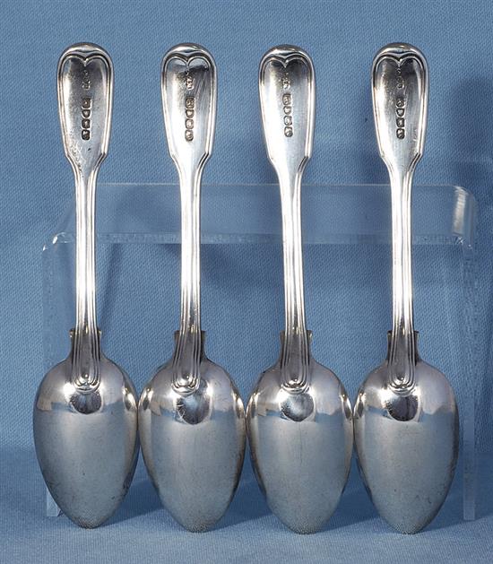 A set of four early Victorian silver fiddle and thread pattern dessert spoons, Length 175 mm, weight 8.8oz/275 grms